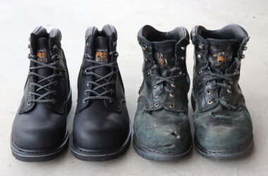Isolated pairs of new as well as used Timberland Pro Pit Boss work boots