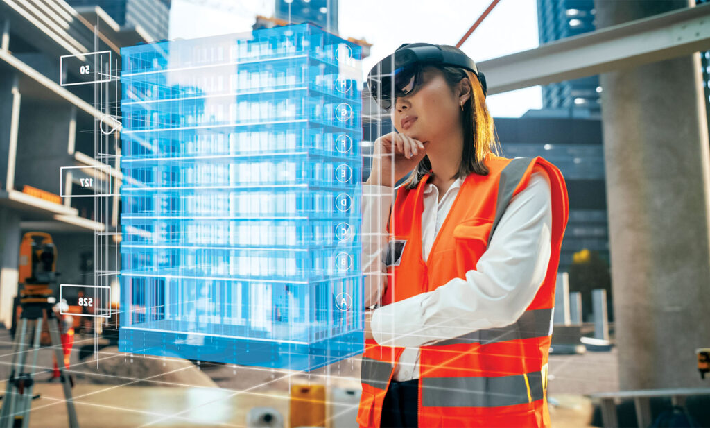 Female Architect Wearing an Augmented Reality Headset and Inspecting a Digital Hologram of a Building