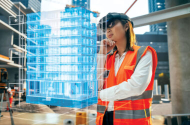Female Architect Wearing an Augmented Reality Headset and Inspecting a Digital Hologram of a Building