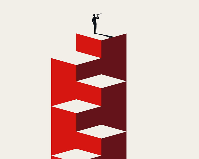 illustration of a businessman standing at the peak of a staircase using a telescope