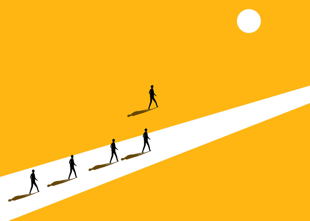 Illustration. Silhouettes walking down road with one walking off road
