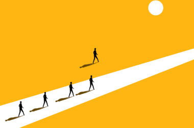 Illustration. Silhouettes walking down road with one walking off road