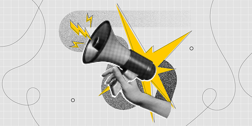 Collage illustration of hand holding megaphone