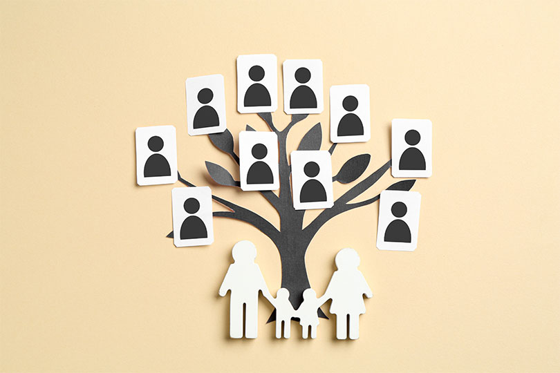 Family tree. Cards with human icons attached to paper tree on beige background