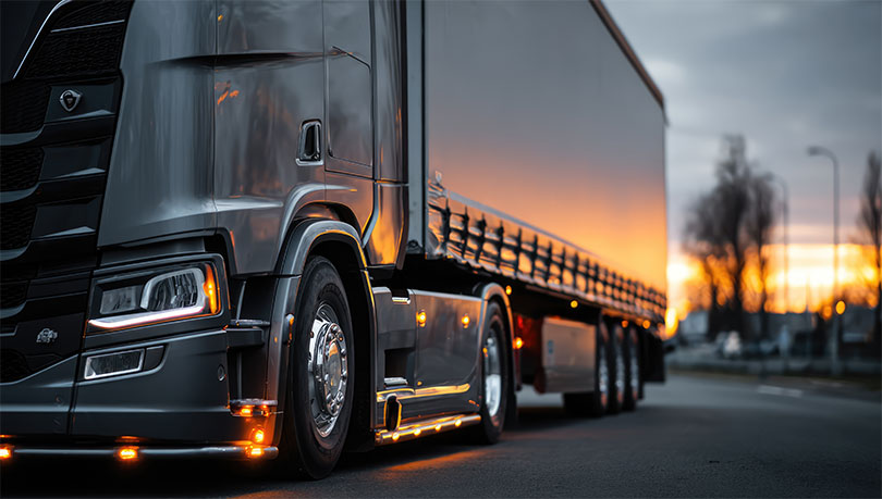 A low angle shot of a modern semi truck with a large trailer, illuminated by the warm glow of a sunset, driving on a highway