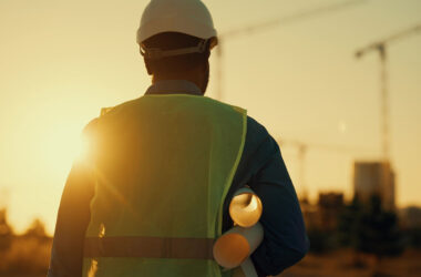 Back view of builder with white helmet