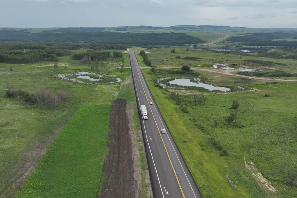 Aerial view of Highway 17 passing lanes project north of Lloydminster