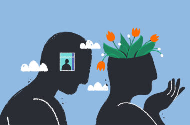 Illustration of man with head hung low in clouds, and head hung high with crown of flowers