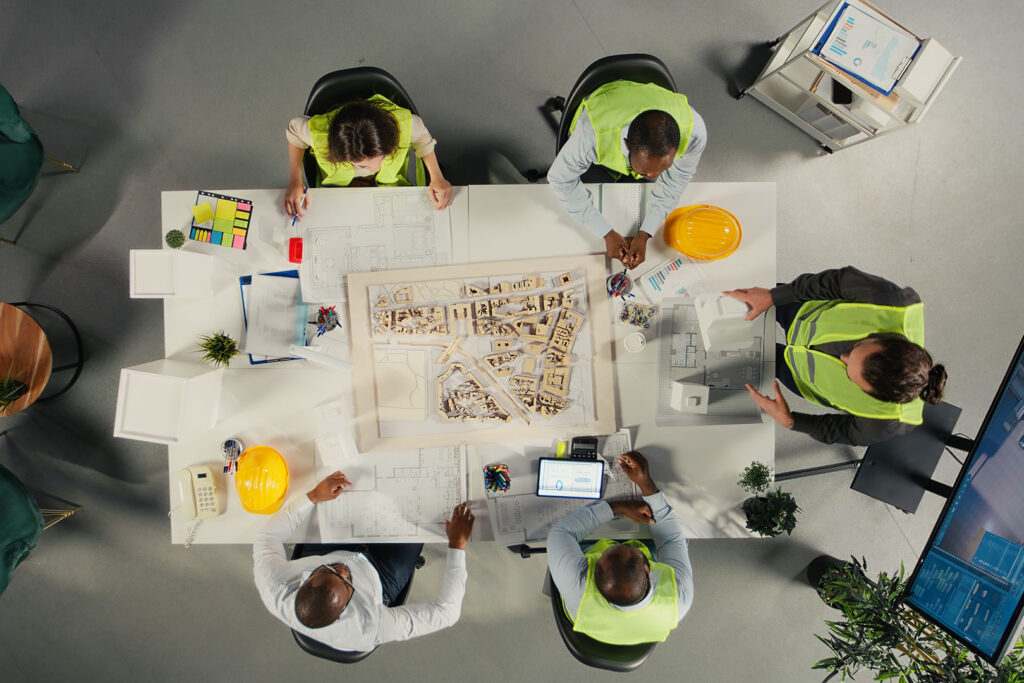 Top down view of property developers and architects in meeting reviewing blueprints and structural designs