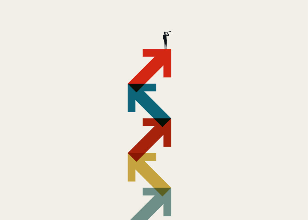 Illustration of a businessman climbing colorful zig zag arrows