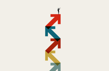 Illustration of a businessman climbing colorful zig zag arrows